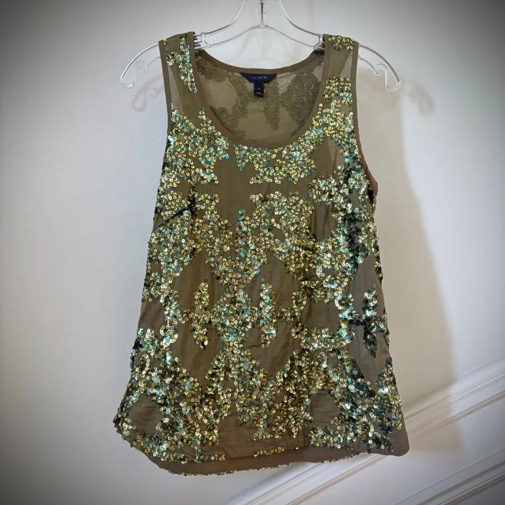 J. Crew Green Camo Iridescent Sequin Tank Top